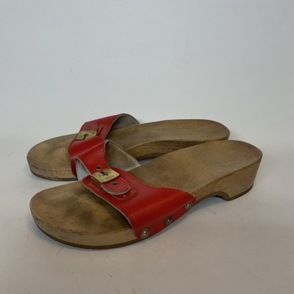 Vintage Dr. Scholl's Red Exercise Wedge Sandals Women 8 USA Leather/Wood‎